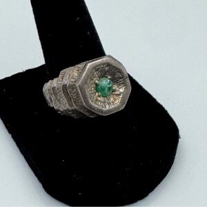 Vintage Brutalist Silver Tone Ring with Green Stone Unisex Statement Size 8.5
